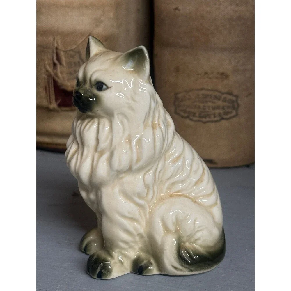 Vintage Ceramic Persian Cat Figurine White Long Hair Kitty Statue 3.5” Feline